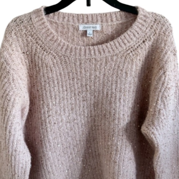 Johnny Was Pink Blush Sequin Alpaca Wool Cozy Sweater Crew Neck Sz Large Office - Picture 10 of 12